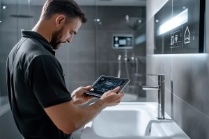 Plombier travaillant avec des outils connecté et IA